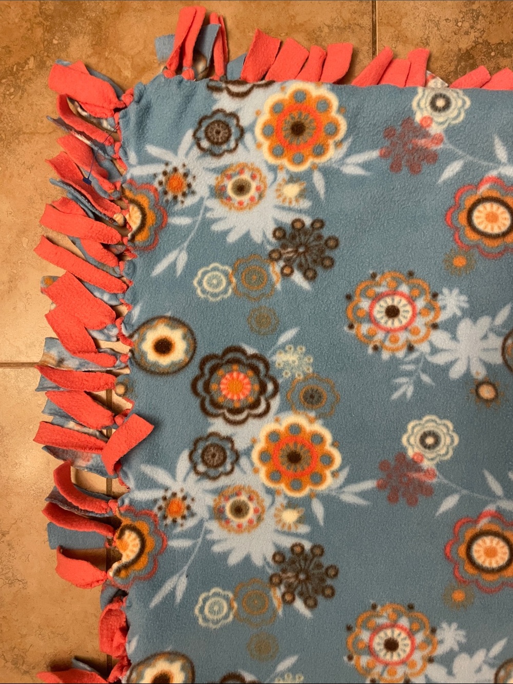 Cozy Floral Blue Fleece Throw Blanket Pink Fringe Large 62x57” Kids Handmade